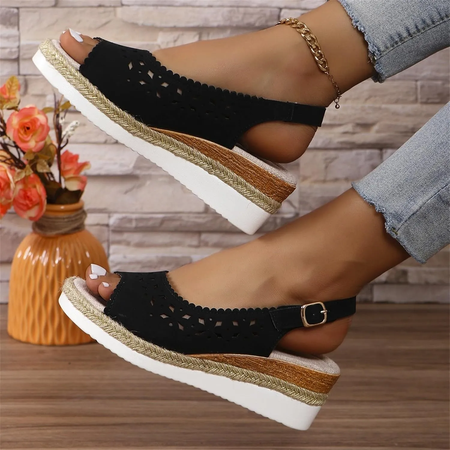 Womens Dress Sandals Low Heel Hollow Out Breathable Leather Wedges Shoes Summer Trendy Fashion Espadrilles Wedges