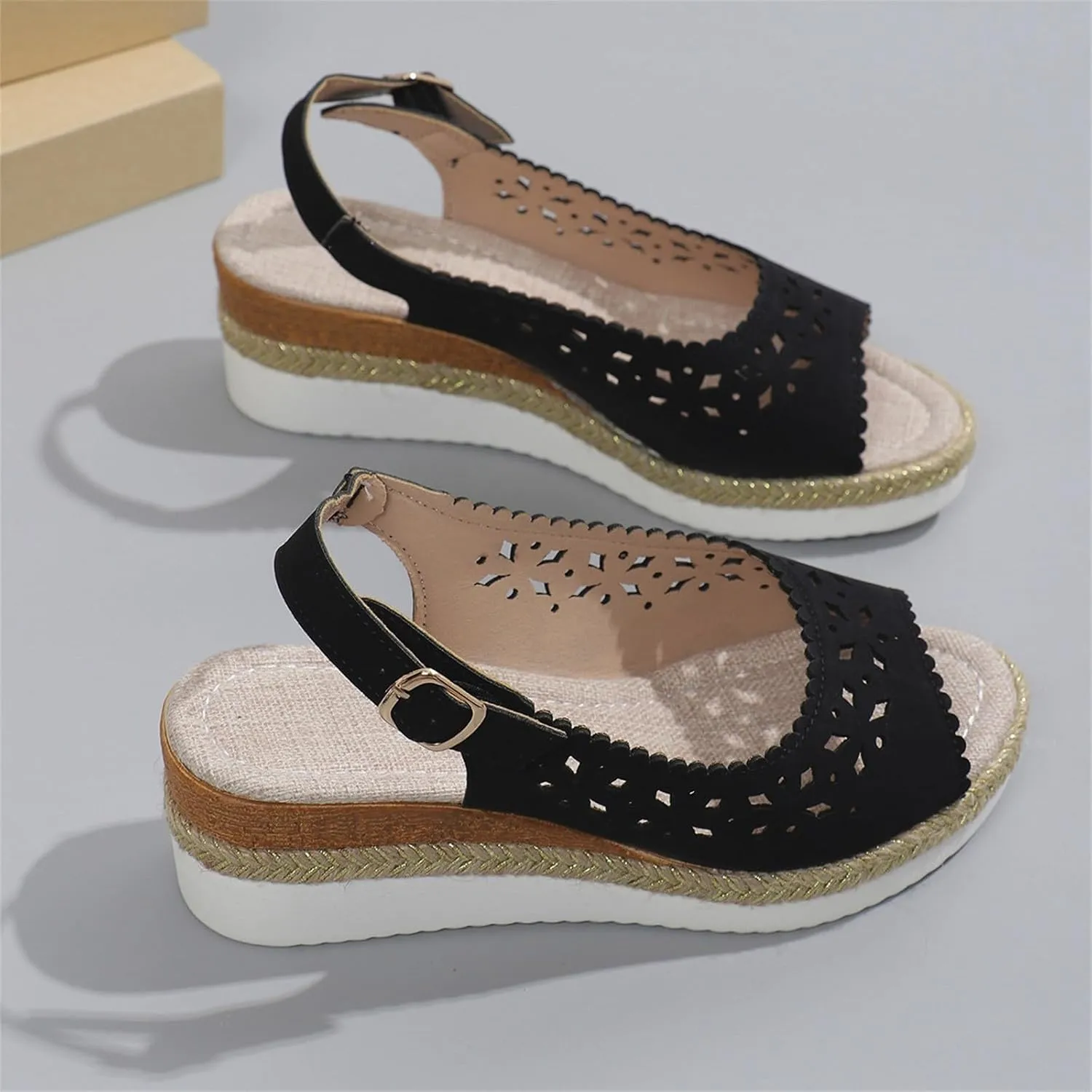 Womens Dress Sandals Low Heel Hollow Out Breathable Leather Wedges Shoes Summer Trendy Fashion Espadrilles Wedges