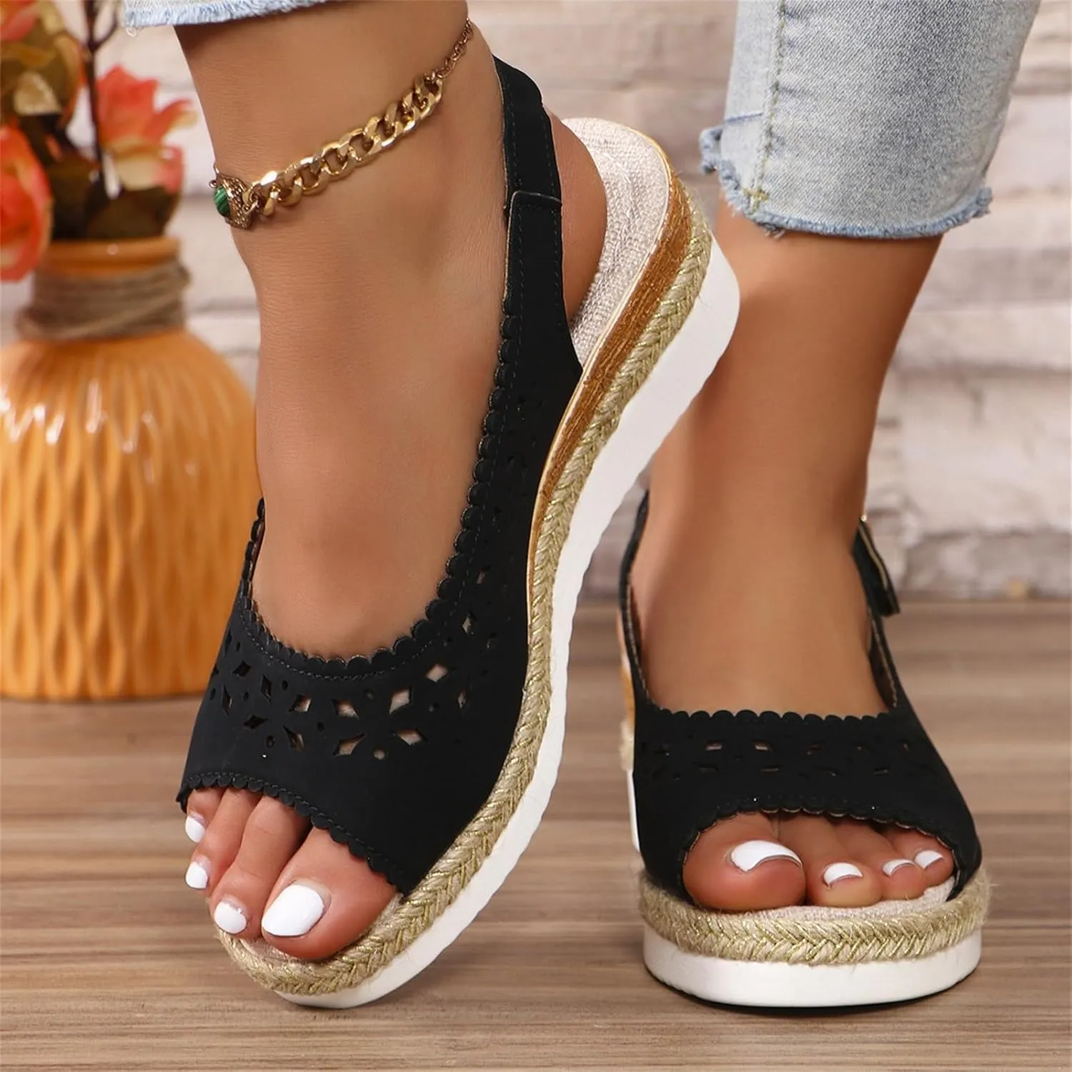 Womens Dress Sandals Low Heel Hollow Out Breathable Leather Wedges Shoes Summer Trendy Fashion Espadrilles Wedges