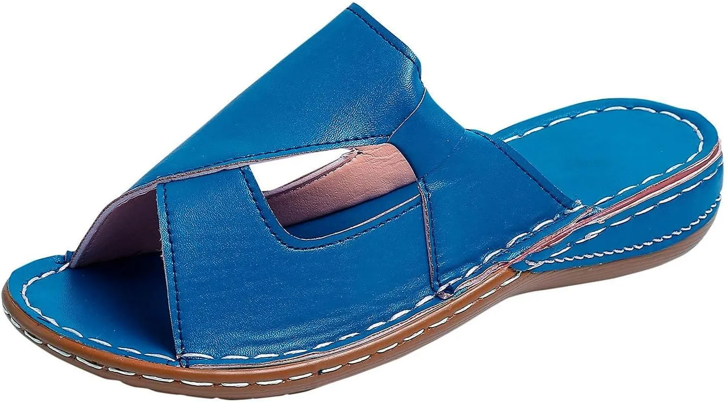 Women's Flat Sandals Dressy Summer Breathable Arch Support Orthopedic Wide Width Leather Wedge Sandals Slippers
