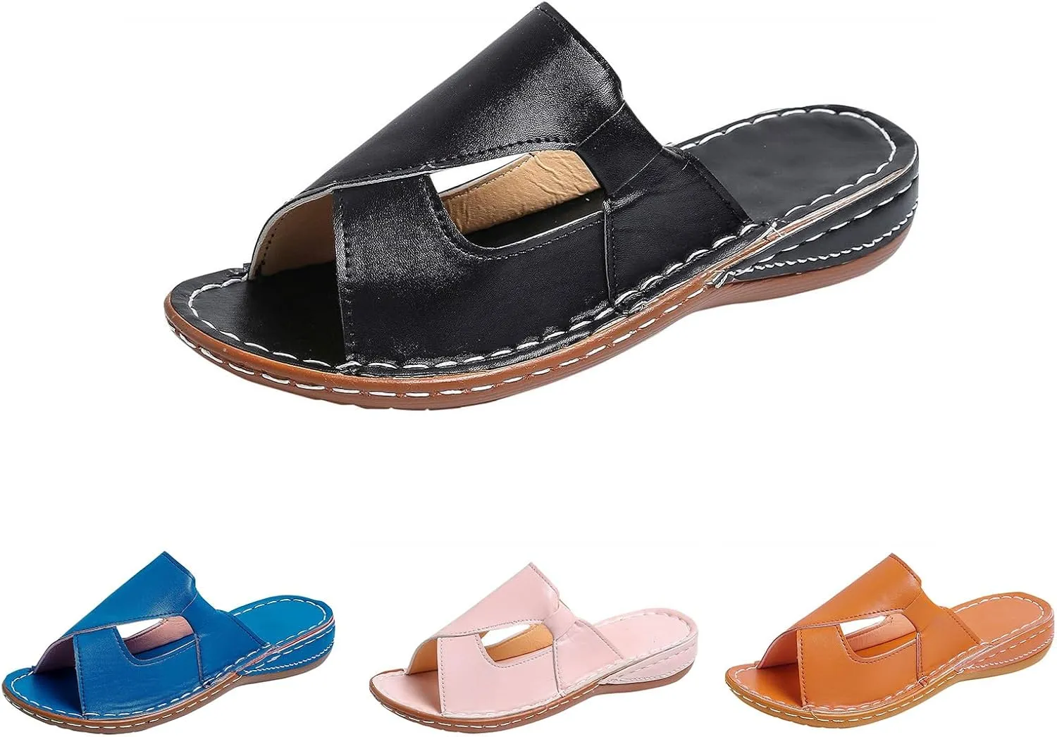 Women's Flat Sandals Dressy Summer Breathable Arch Support Orthopedic Wide Width Leather Wedge Sandals Slippers