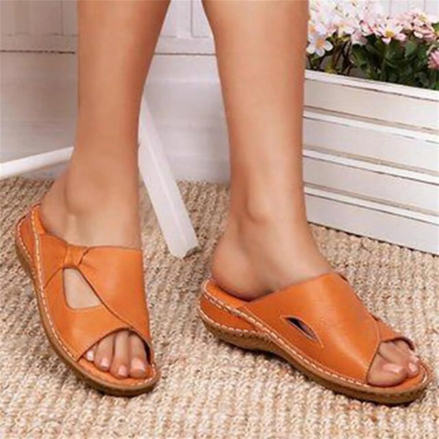 Women's Flat Sandals Dressy Summer Breathable Arch Support Orthopedic Wide Width Leather Wedge Sandals Slippers