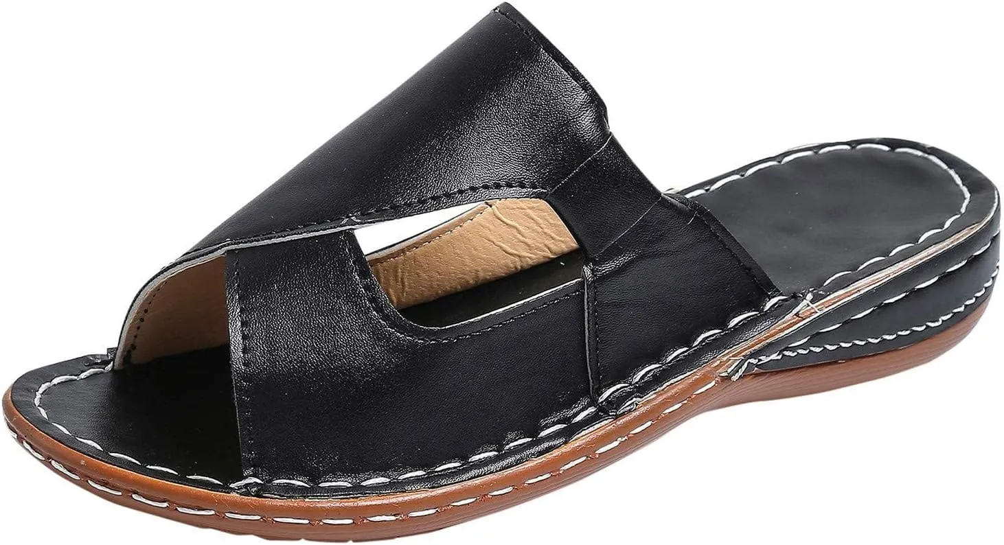 Women's Flat Sandals Dressy Summer Breathable Arch Support Orthopedic Wide Width Leather Wedge Sandals Slippers