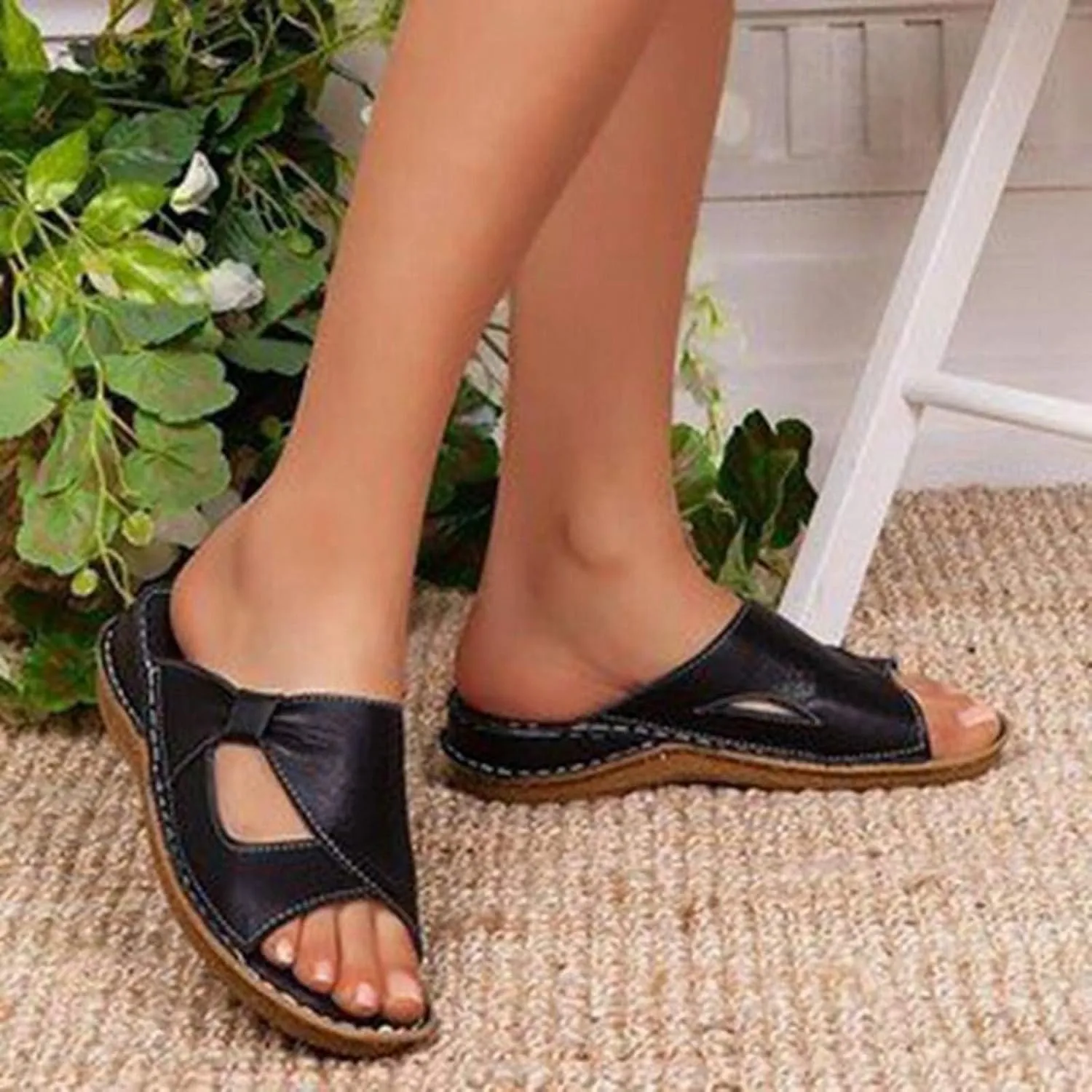 Women's Flat Sandals Dressy Summer Breathable Arch Support Orthopedic Wide Width Leather Wedge Sandals Slippers