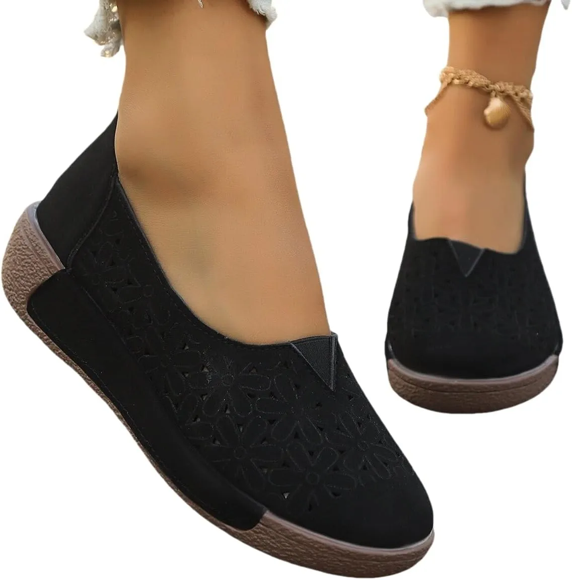 Women's Floral Ballet Flat Flats Shoes Slip On Flowers PU Leather Round Toe Casual Dress Hollow Hole Shoes Summer Comfortable Work Office Fashion Trendy Lazy Loafers with Floral Eyelets