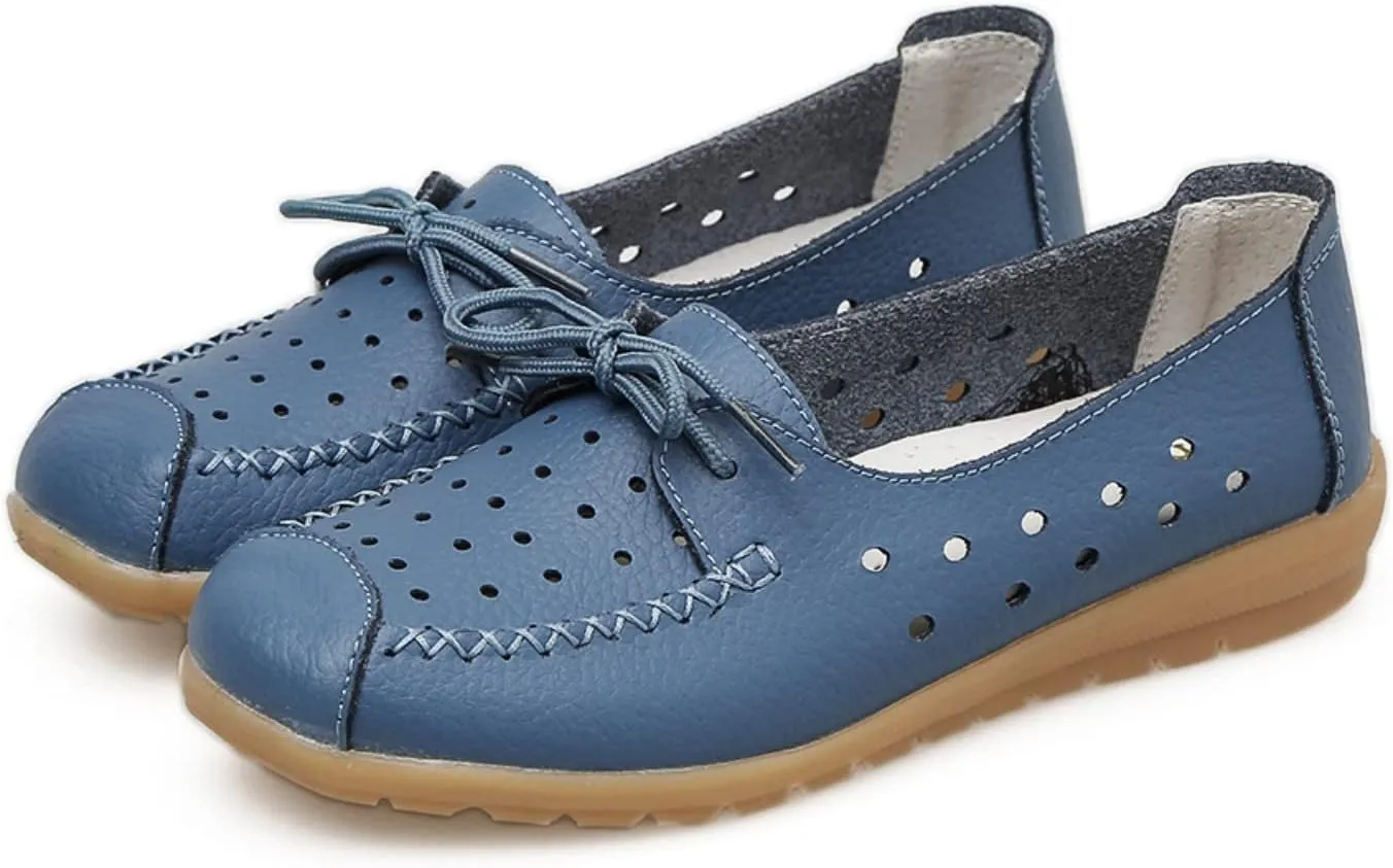 Women's Leather Classic Wedge Moccasins Slip-Ons Casual Walking Driving Cutout Breathable Soft Sole Shoes
