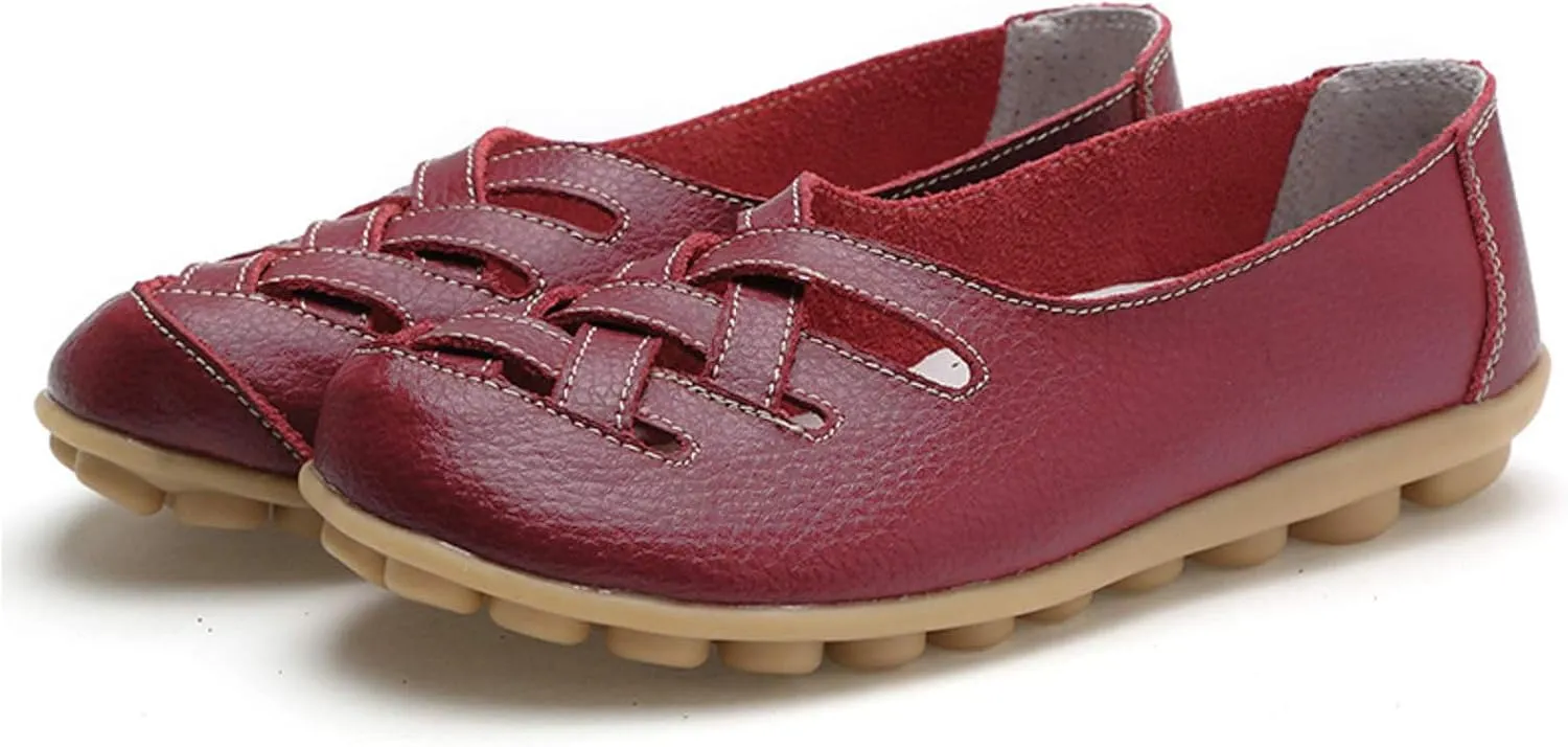 Womens Leather Loafers Summer Breathable Hollow Out Closed Toe Slip-On Sandals Casual Lightweight Soft Sole Nurse Work Walking Shoes Comfortable Casual Fisherman Sandals