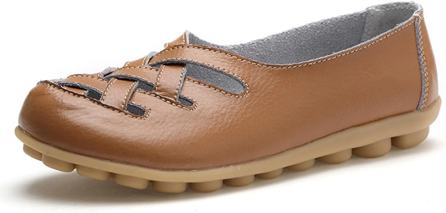 Women's Leather Loafers Walking Casual Orthopedic Loafers Summer Breathable Driving Flats Comfortable Slip On Baech Shoes