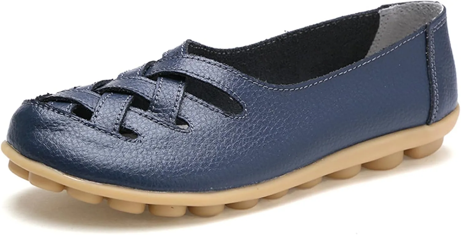 Women's Leather Loafers Walking Casual Orthopedic Loafers Summer Breathable Driving Flats Comfortable Slip On Baech Shoes