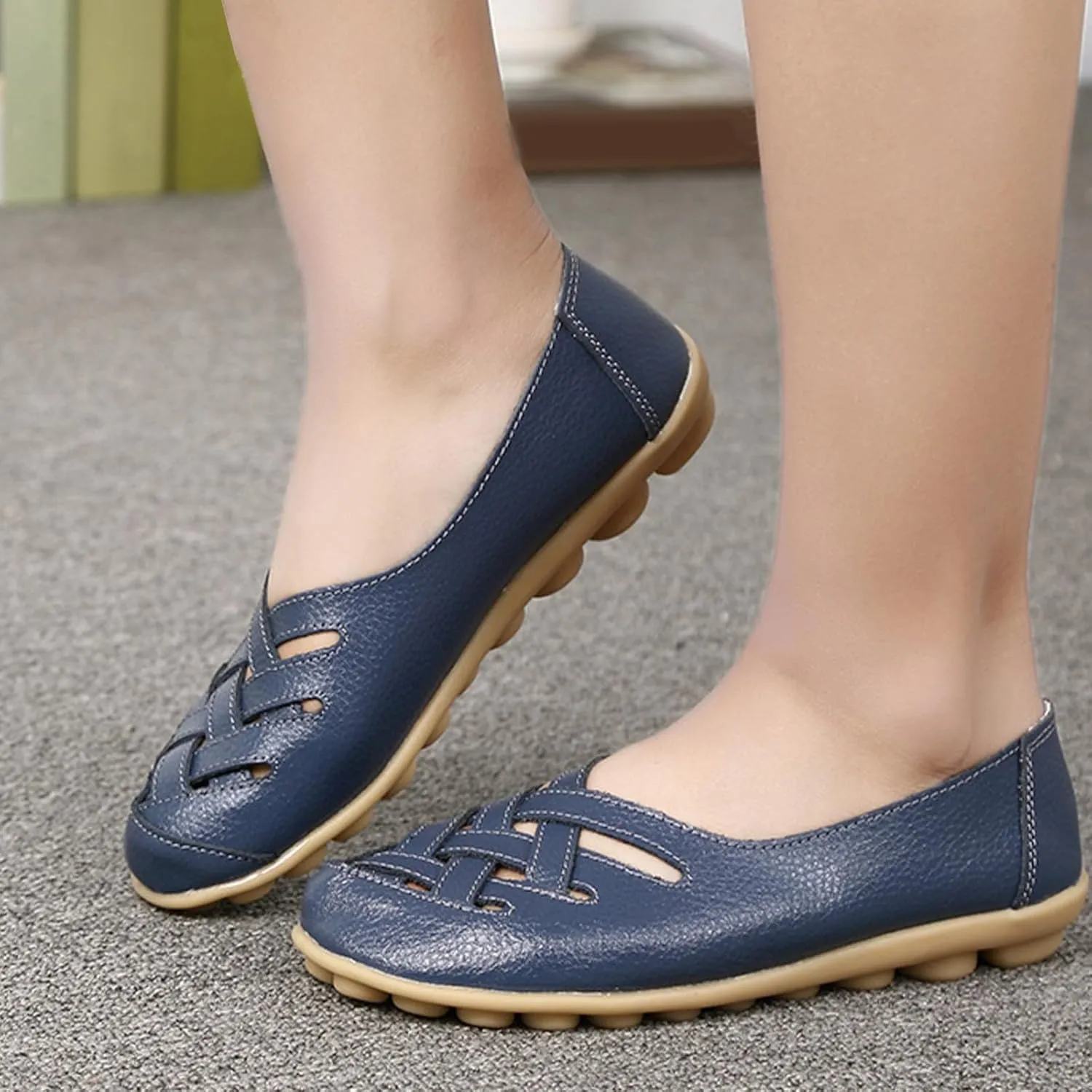 Women's Leather Loafers Walking Casual Orthopedic Loafers Summer Breathable Driving Flats Comfortable Slip On Baech Shoes