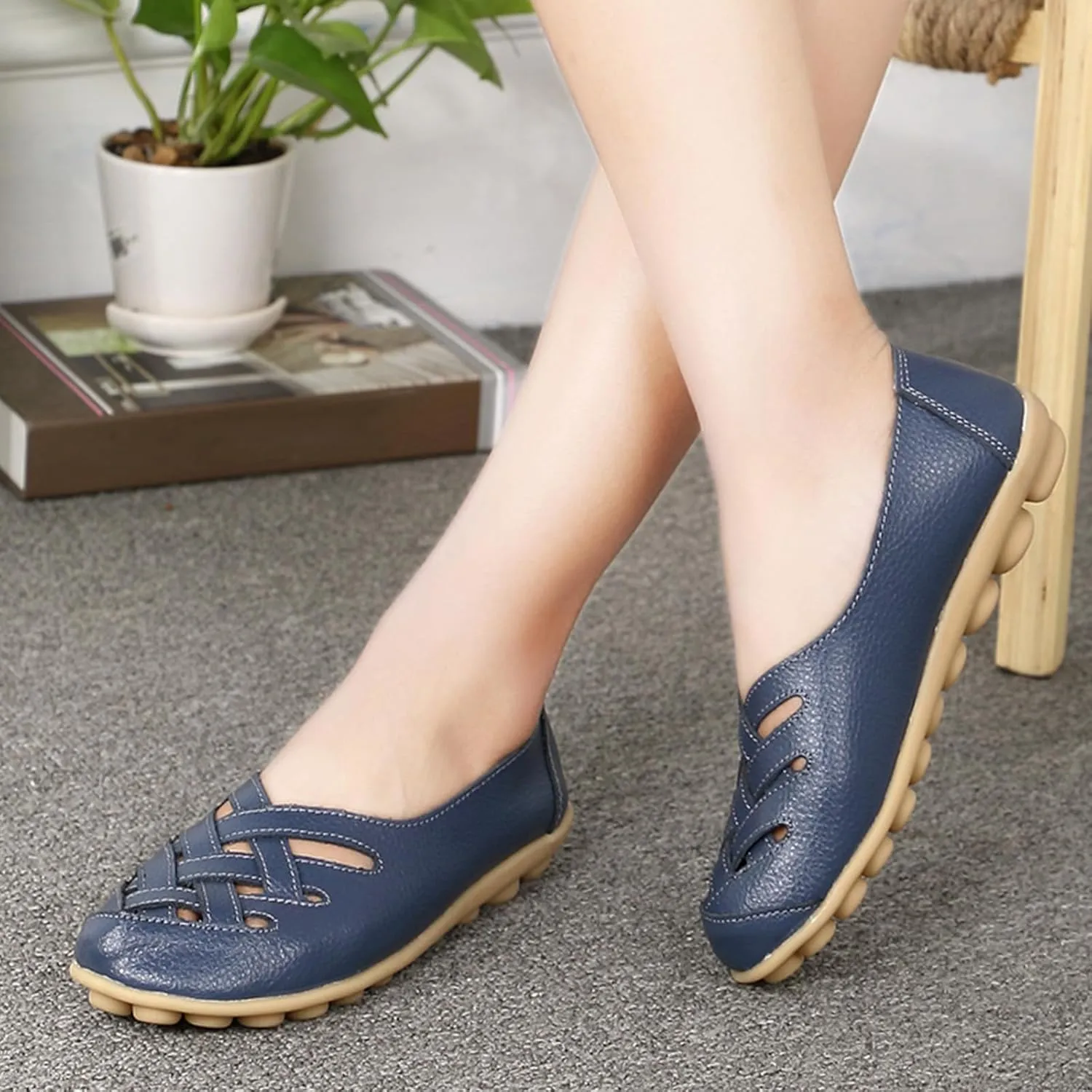 Women's Leather Loafers Walking Casual Orthopedic Loafers Summer Breathable Driving Flats Comfortable Slip On Baech Shoes
