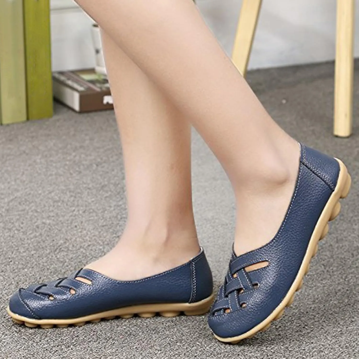 Women's Leather Loafers Walking Casual Orthopedic Loafers Summer Breathable Driving Flats Comfortable Slip On Baech Shoes