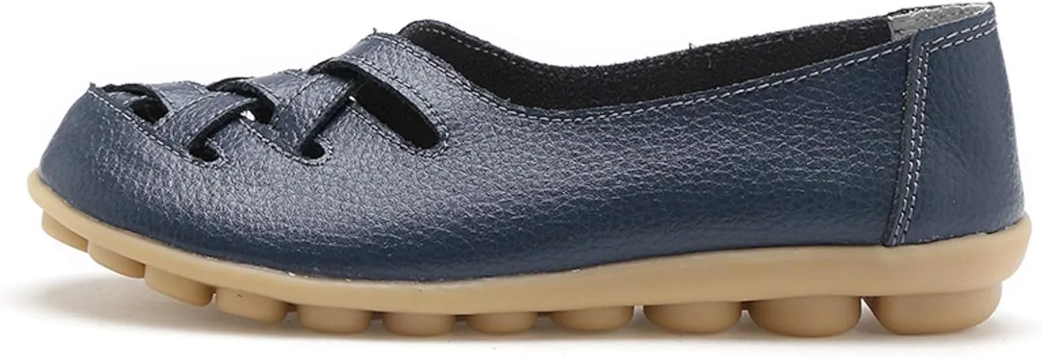 Women's Leather Loafers Walking Casual Orthopedic Loafers Summer Breathable Driving Flats Comfortable Slip On Baech Shoes
