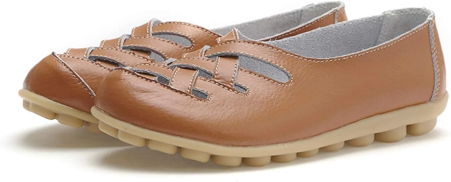 Women's Leather Loafers Walking Casual Orthopedic Loafers Summer Breathable Driving Flats Comfortable Slip On Baech Shoes