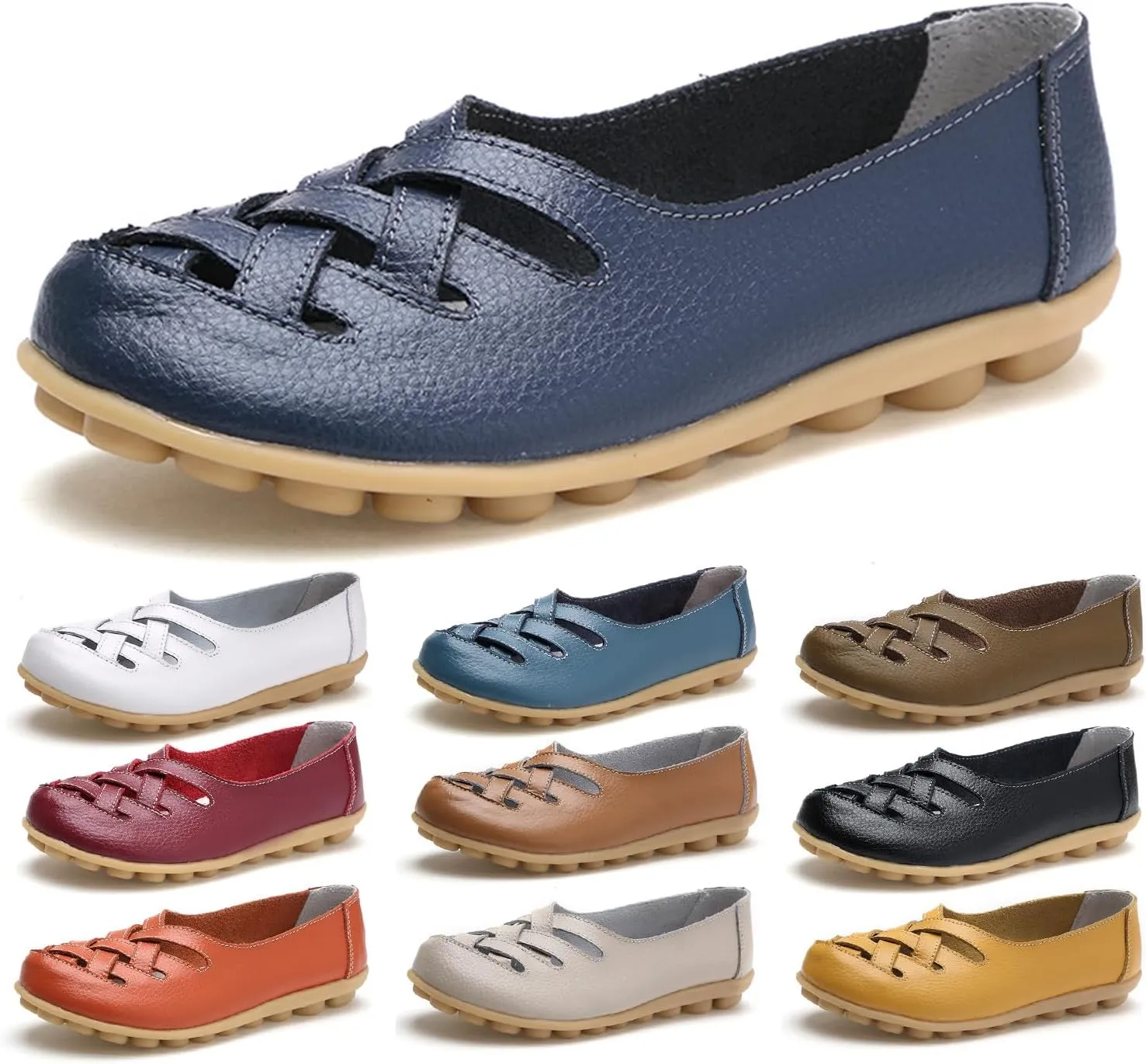 Women's Leather Loafers Walking Casual Orthopedic Loafers Summer Breathable Driving Flats Comfortable Slip On Baech Shoes
