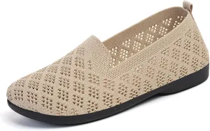 Women's Mesh Flats Wide Width Mesh Breathable Casual Sneaker Knit Slip on Walking Shoes Comfortable Non Slip Running Shoes