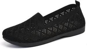 Women's Mesh Flats Wide Width Mesh Breathable Casual Sneaker Knit Slip on Walking Shoes Comfortable Non Slip Running Shoes