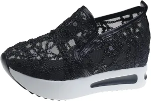 Women's Mesh Slip On Walking Shoes Platform Wedge Sneakers Floral Embroidery Breathable Sheer Mesh Sneakers Walking Shoes Loafers
