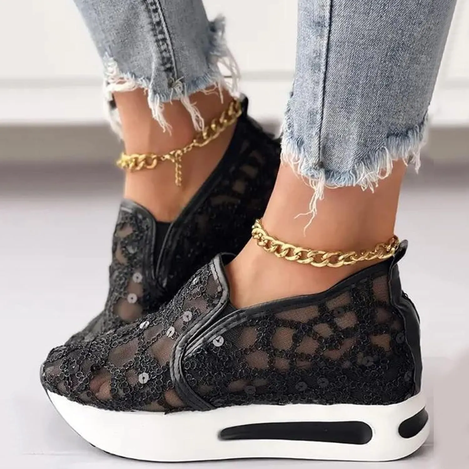 Women's Mesh Slip On Walking Shoes Platform Wedge Sneakers Floral Embroidery Breathable Sheer Mesh Sneakers Walking Shoes Loafers