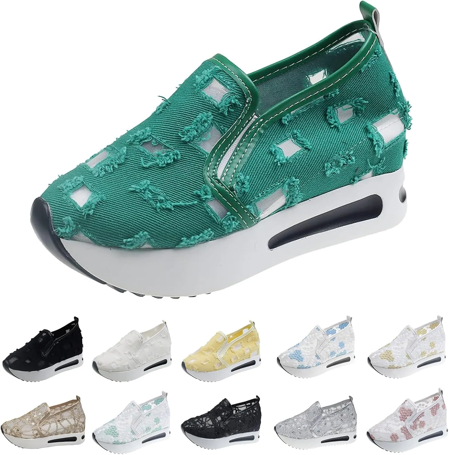 Women's Mesh Slip On Walking Shoes Platform Wedge Sneakers Floral Embroidery Breathable Sheer Mesh Sneakers Walking Shoes Loafers