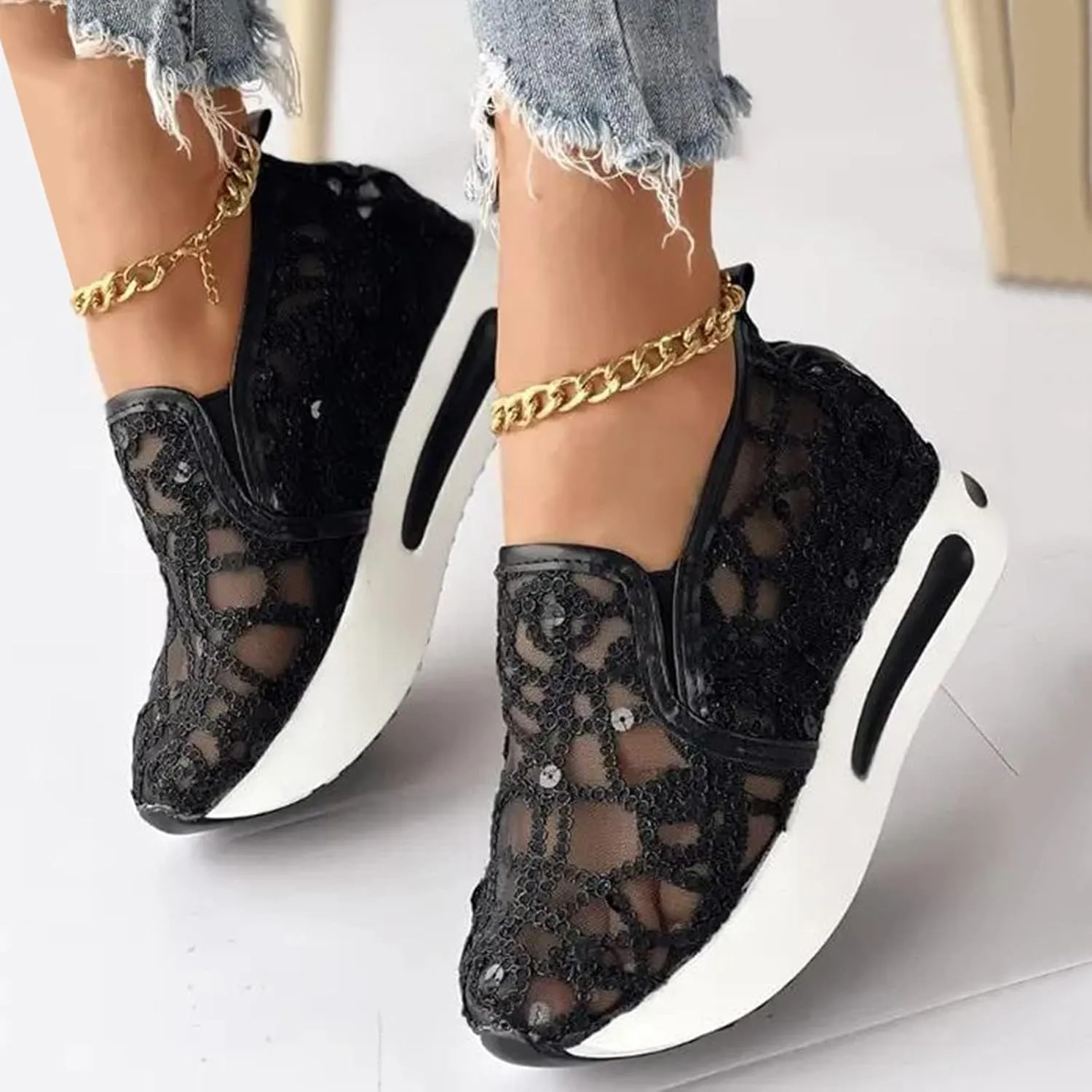 Women's Mesh Slip On Walking Shoes Platform Wedge Sneakers Floral Embroidery Breathable Sheer Mesh Sneakers Walking Shoes Loafers