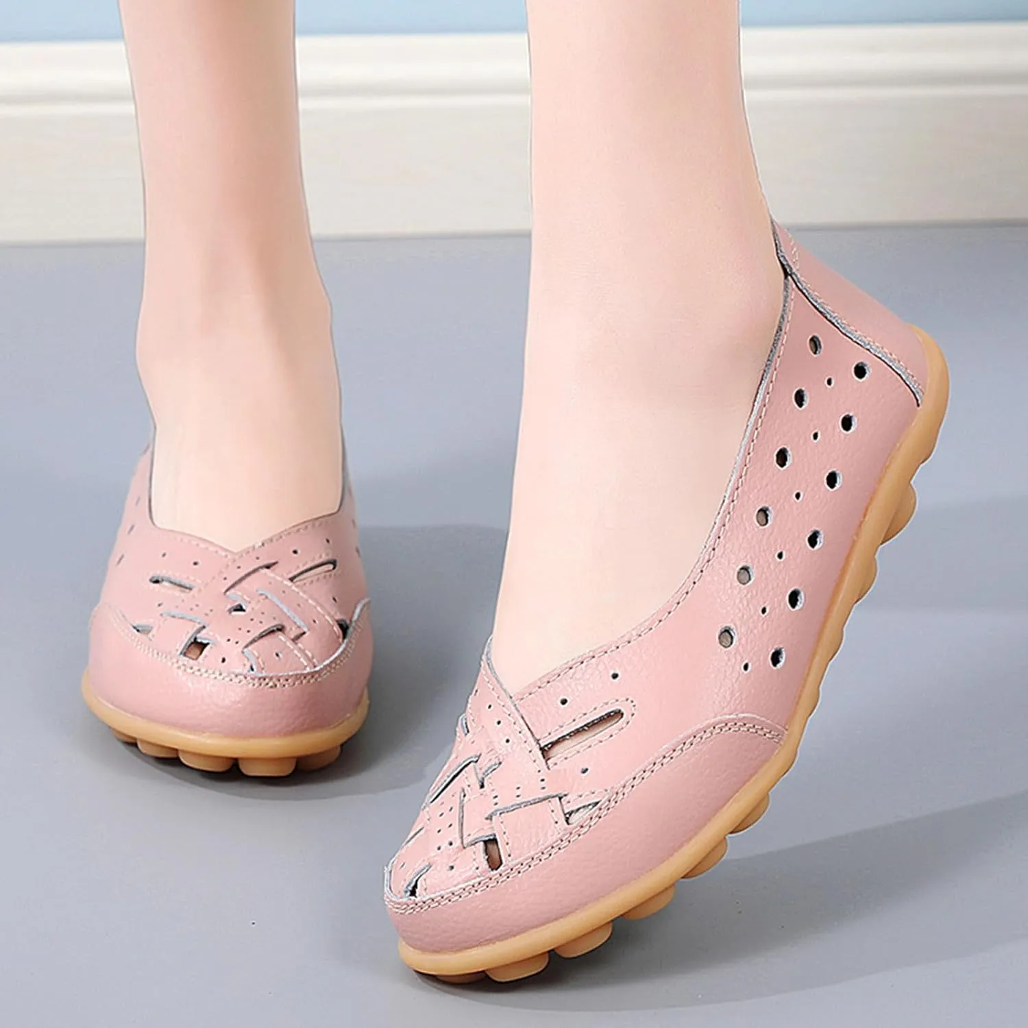 Womens Orthopedic Loafers in Breathable Leather Comfortable Hollow Soft Flats Sandals Summer Casual Slip-On Shoes
