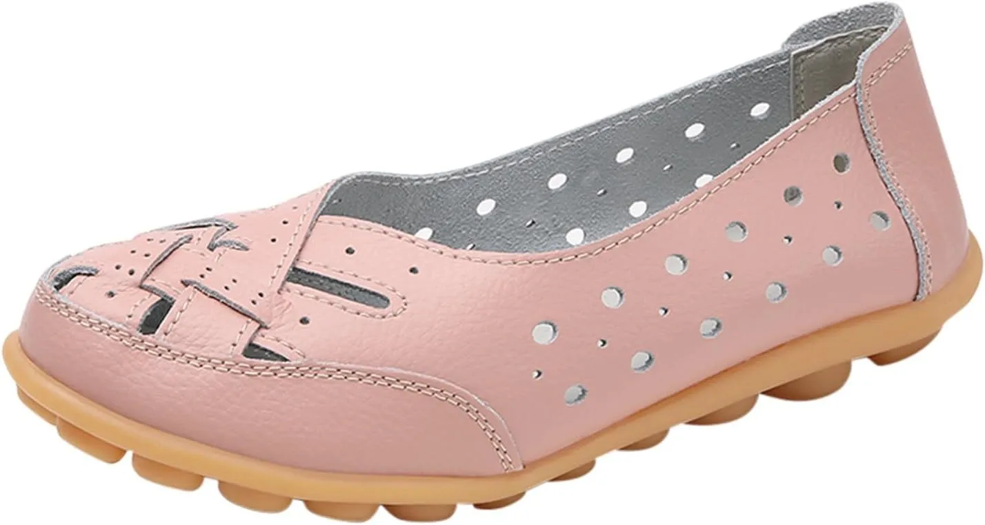 Womens Orthopedic Loafers in Breathable Leather Comfortable Hollow Soft Flats Sandals Summer Casual Slip-On Shoes