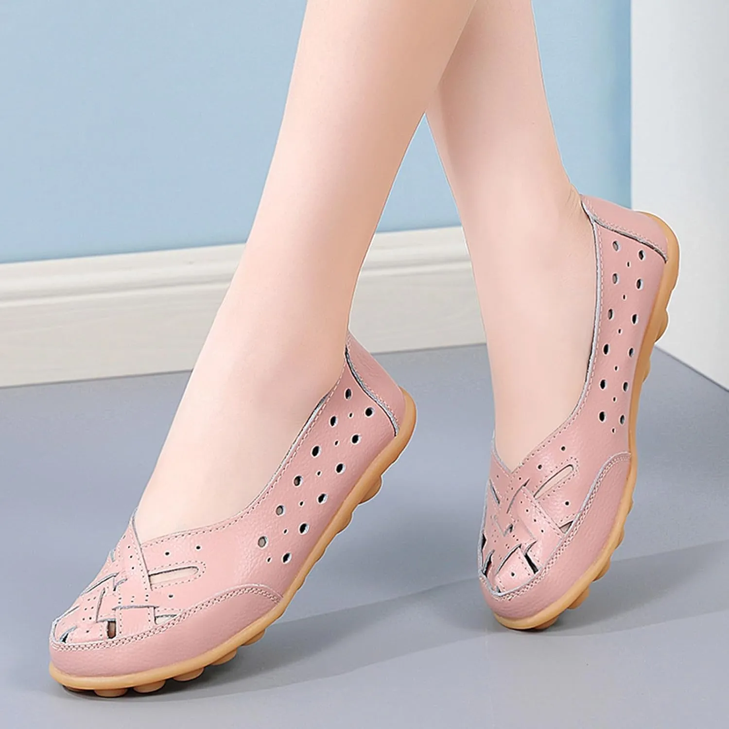 Womens Orthopedic Loafers in Breathable Leather Comfortable Hollow Soft Flats Sandals Summer Casual Slip-On Shoes