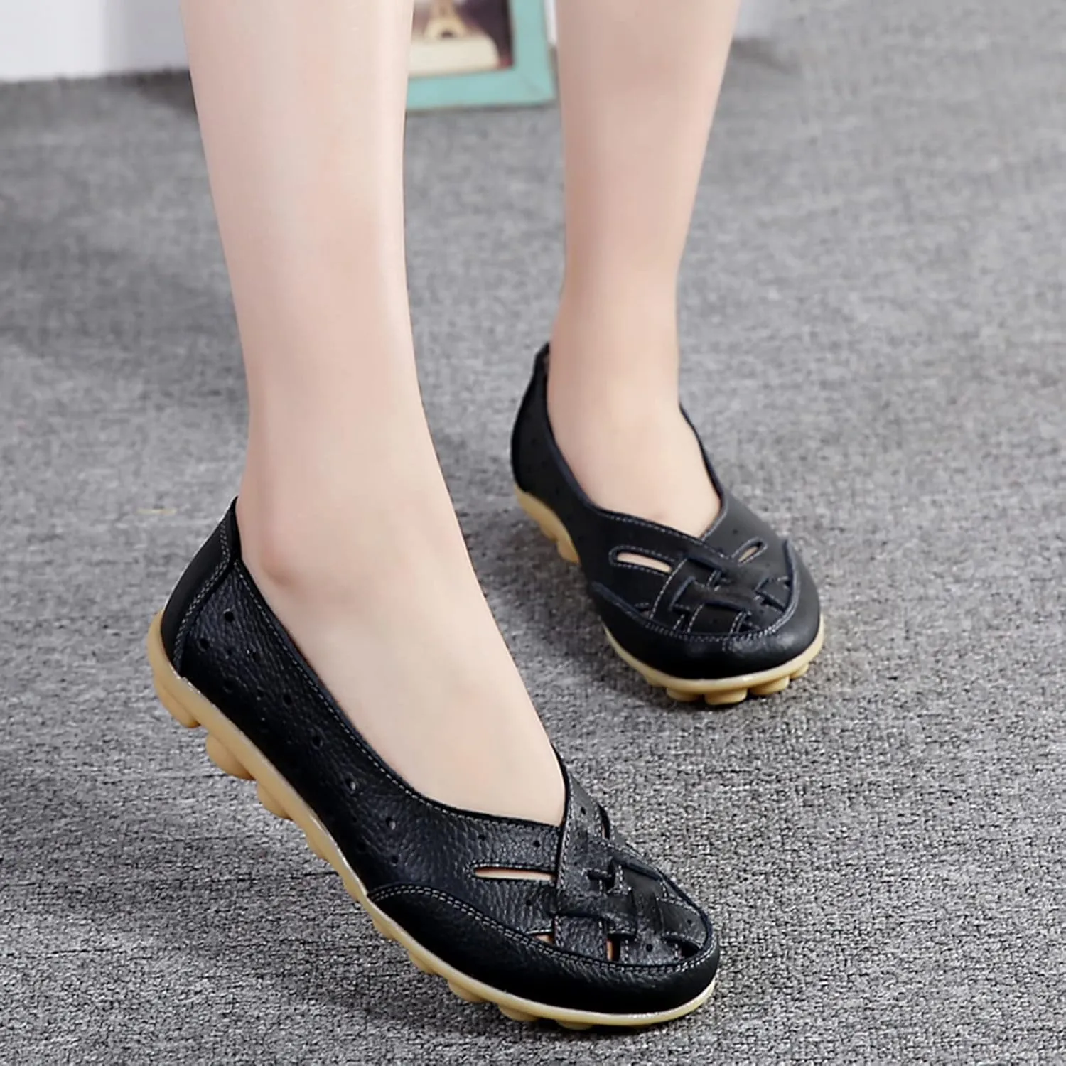 Womens Orthopedic Loafers in Breathable Leather Comfortable Hollow Soft Flats Sandals Summer Casual Slip-On Shoes