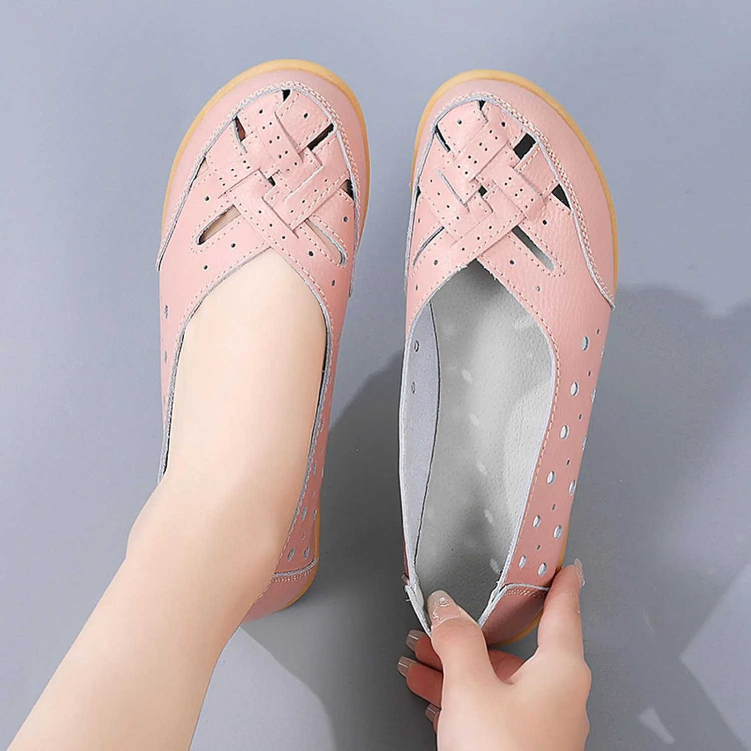 Womens Orthopedic Loafers in Breathable Leather Comfortable Hollow Soft Flats Sandals Summer Casual Slip-On Shoes