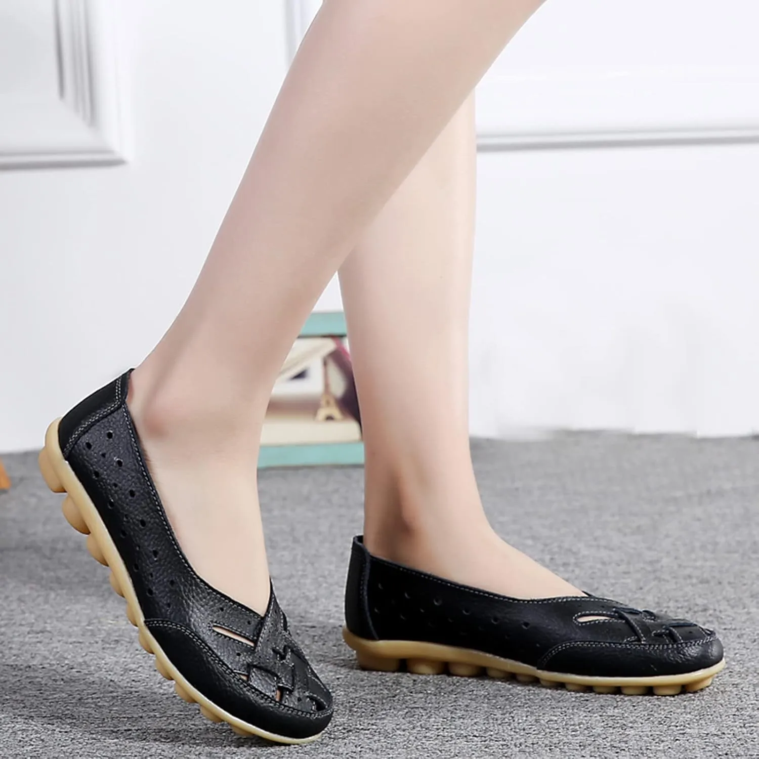 Womens Orthopedic Loafers in Breathable Leather Comfortable Hollow Soft Flats Sandals Summer Casual Slip-On Shoes