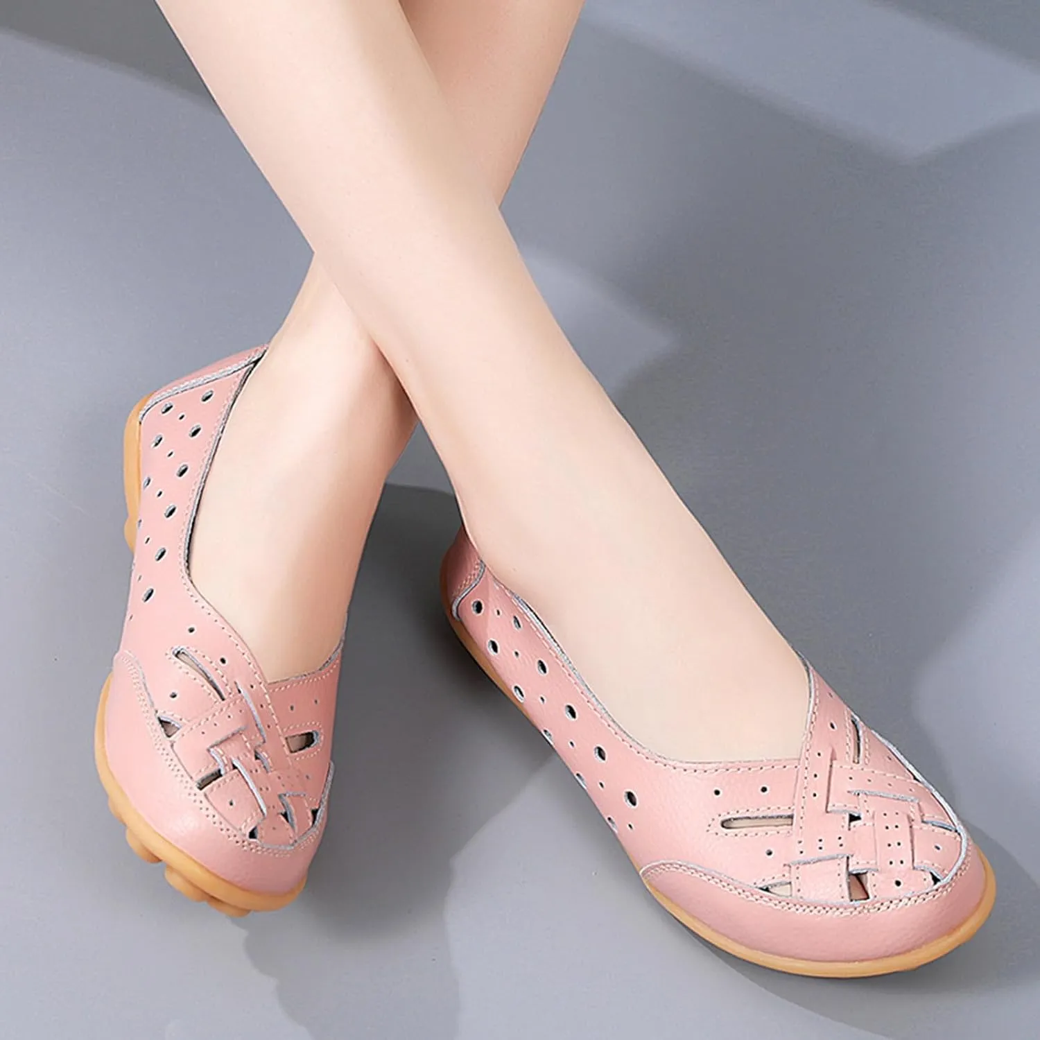 Womens Orthopedic Loafers in Breathable Leather Comfortable Hollow Soft Flats Sandals Summer Casual Slip-On Shoes