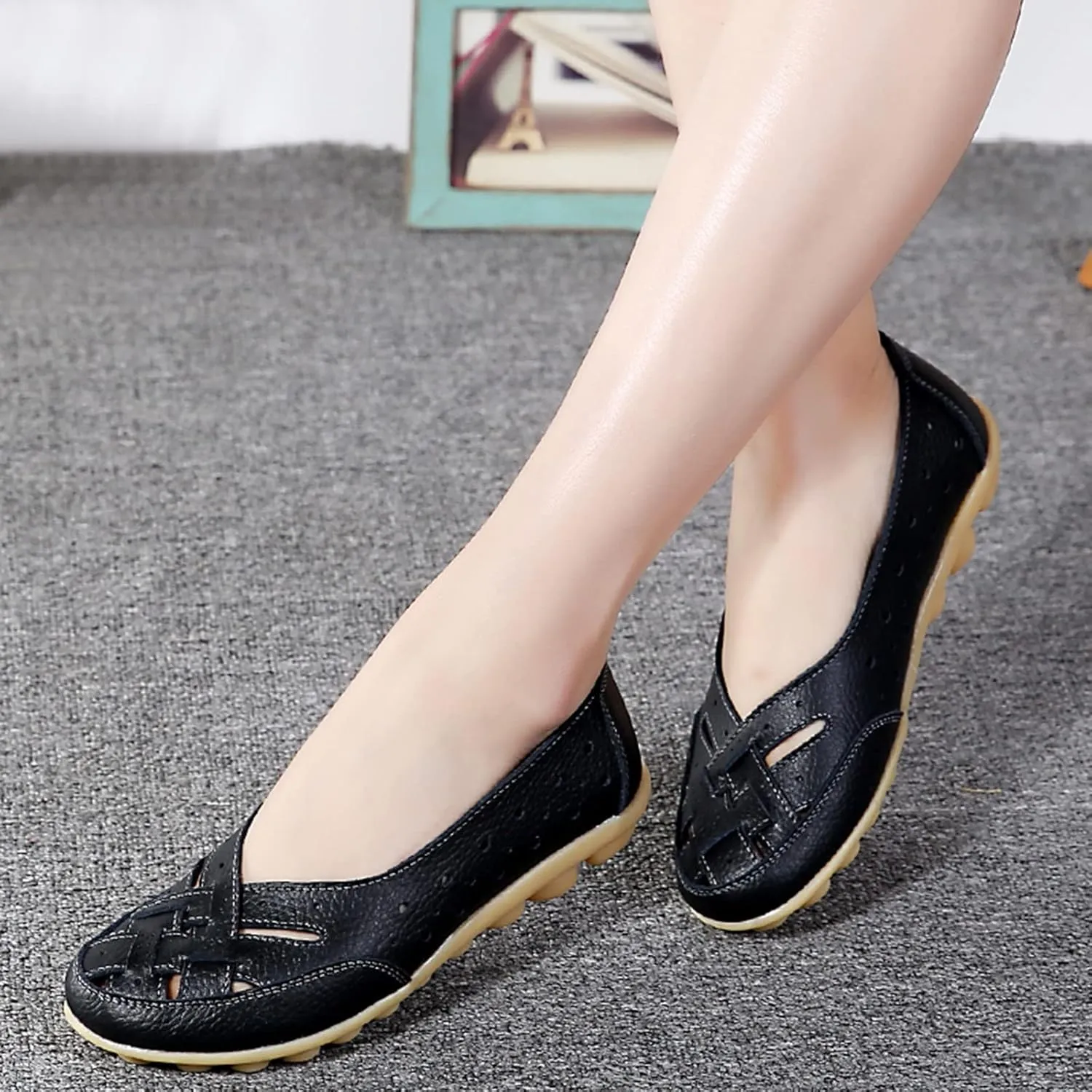 Womens Orthopedic Loafers in Breathable Leather Comfortable Hollow Soft Flats Sandals Summer Casual Slip-On Shoes