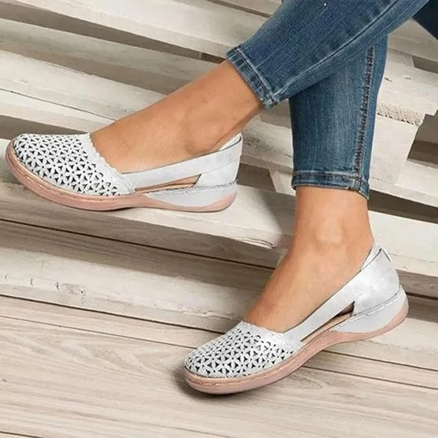 Womens Orthopedic Slip-On Loafers Breathable Hollow Out Wedge Sandals Fashion Open Back Flats Walking Shoes Comfortable Orthotic Shoes for Foot and Heel Pain Relief