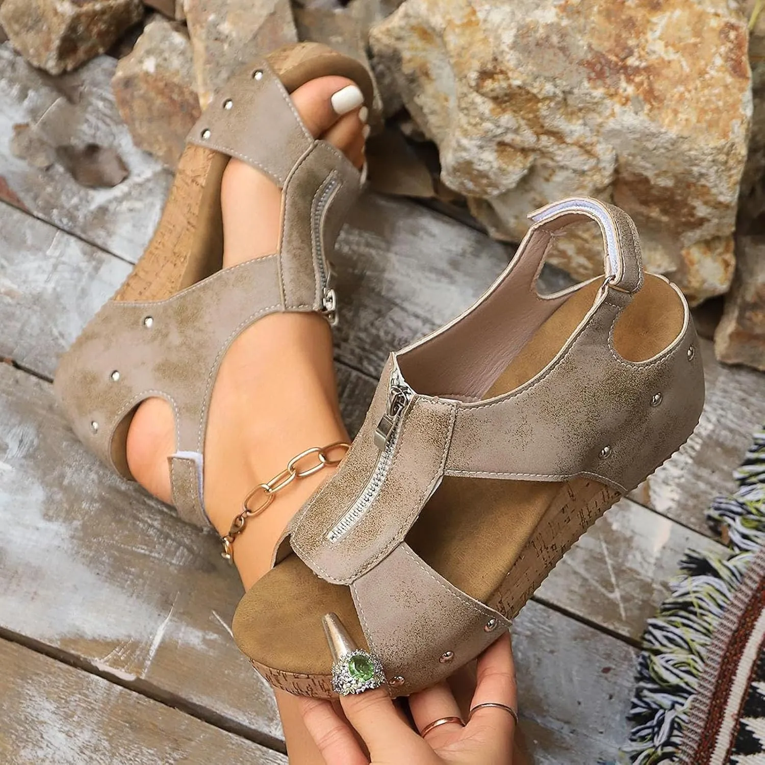 Women's Platform Wedge Sandals Open Toe Non Slip Cork Footbed Wedge Sandals Adjustable Hook and Loop Closure Shoes Lightweight for All Day Wear