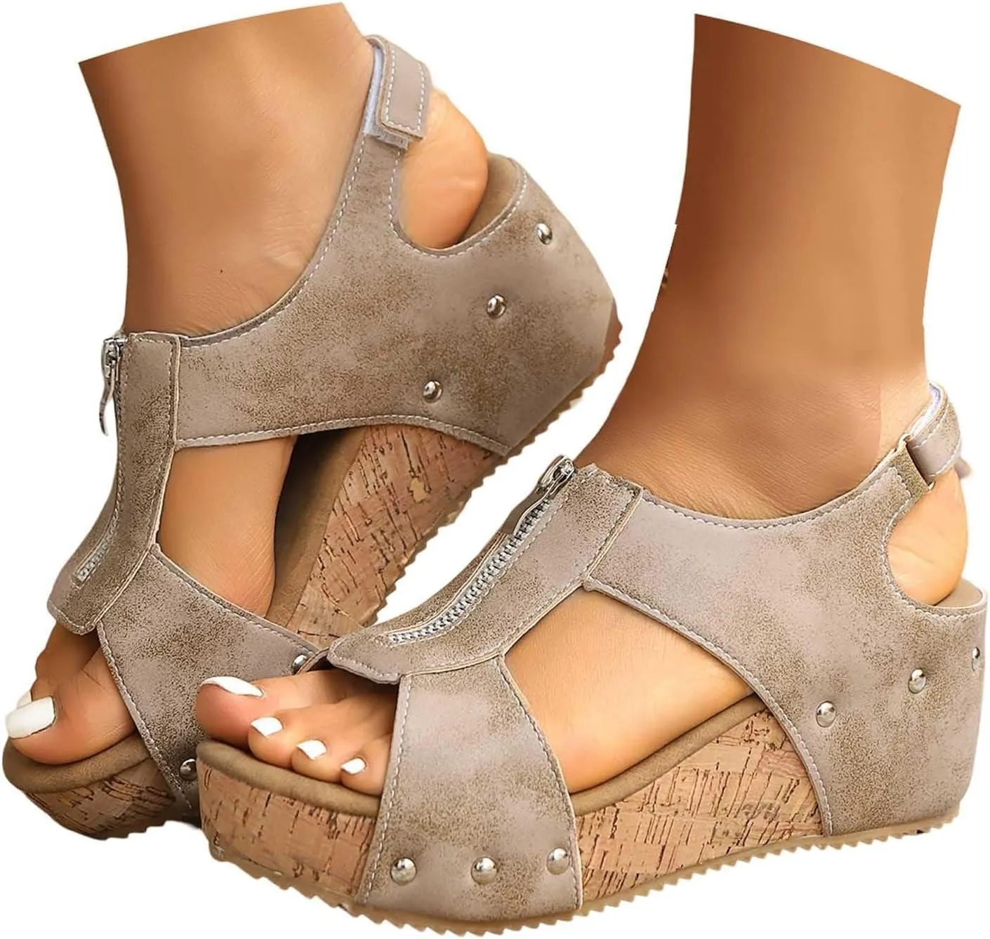 Women's Platform Wedge Sandals Open Toe Non Slip Cork Footbed Wedge Sandals Adjustable Hook and Loop Closure Shoes Lightweight for All Day Wear