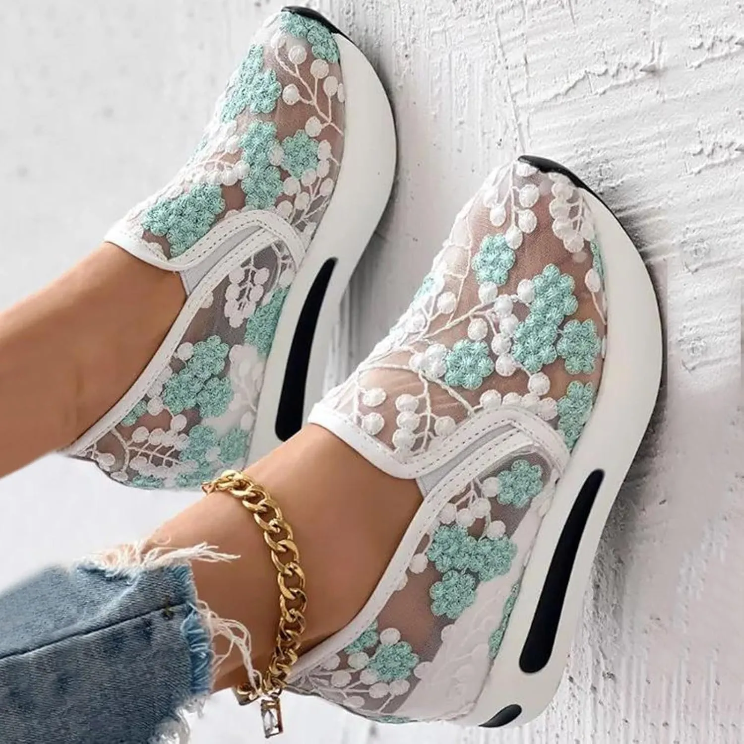 Womens Platform Wedge Sneakers Fashion Mesh Floral Embroidery Breathable Slip on Air Comfort Chunky Arch Support Walking Shoes