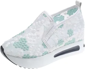 Womens Platform Wedge Sneakers Fashion Mesh Floral Embroidery Breathable Slip on Air Comfort Chunky Arch Support Walking Shoes