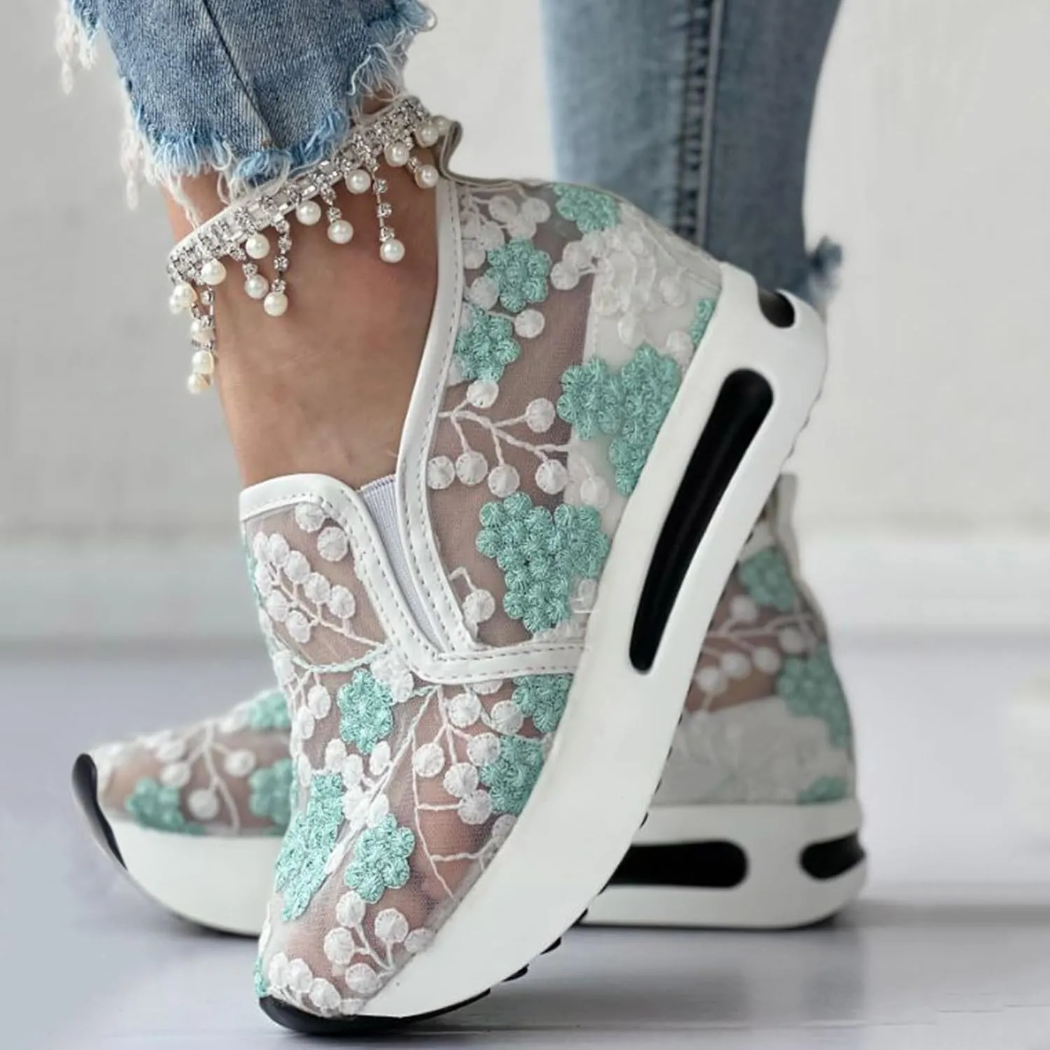 Womens Platform Wedge Sneakers Fashion Mesh Floral Embroidery Breathable Slip on Air Comfort Chunky Arch Support Walking Shoes