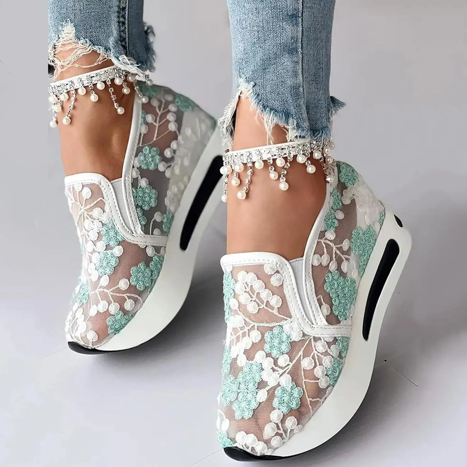 Womens Platform Wedge Sneakers Fashion Mesh Floral Embroidery Breathable Slip on Air Comfort Chunky Arch Support Walking Shoes