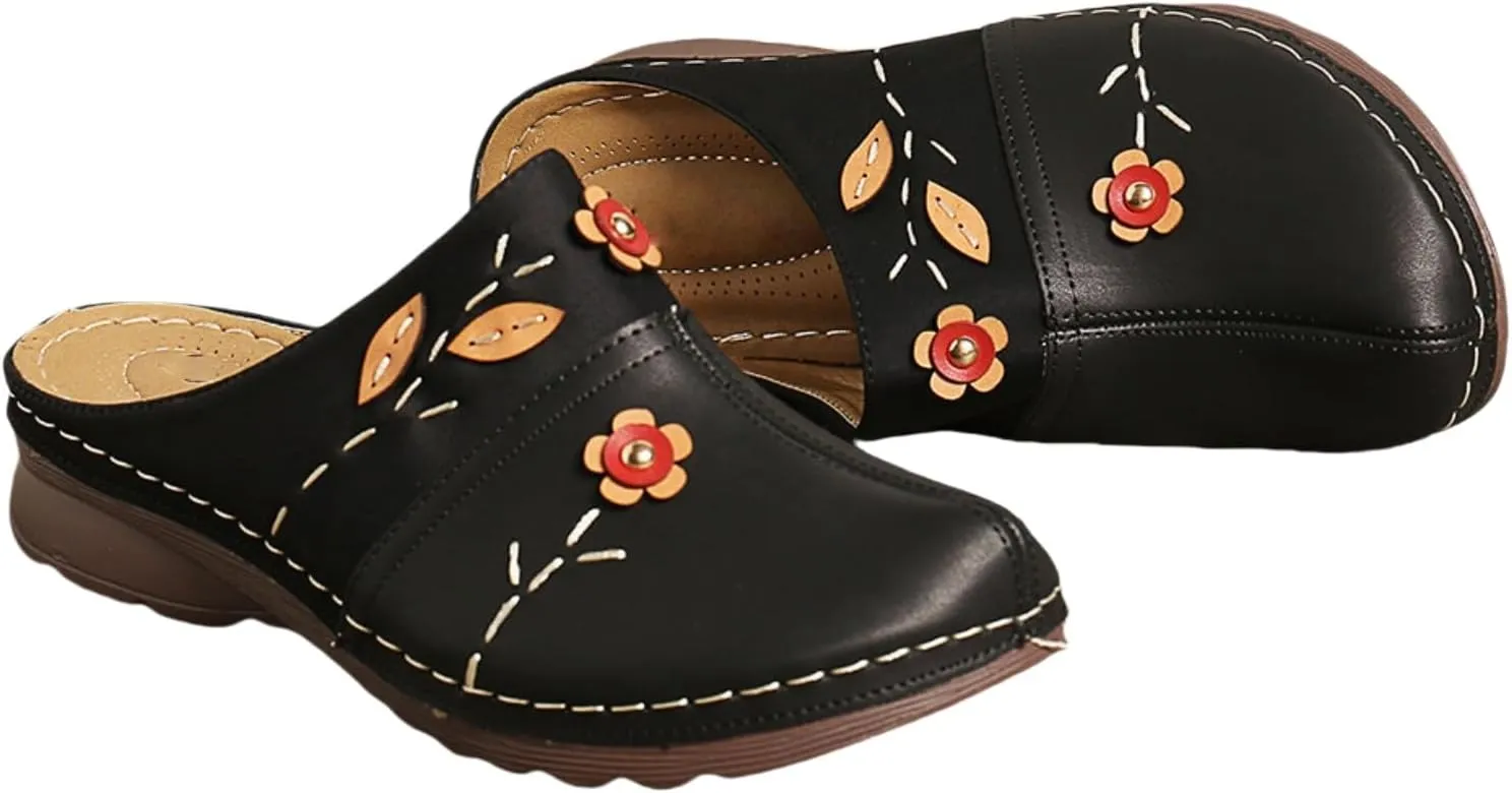 Womens Sandals Vintage Ethnic Style Floral Sandals Lightweight Shoes Summer Fashion Dressy Sandal Lambskin Sandal