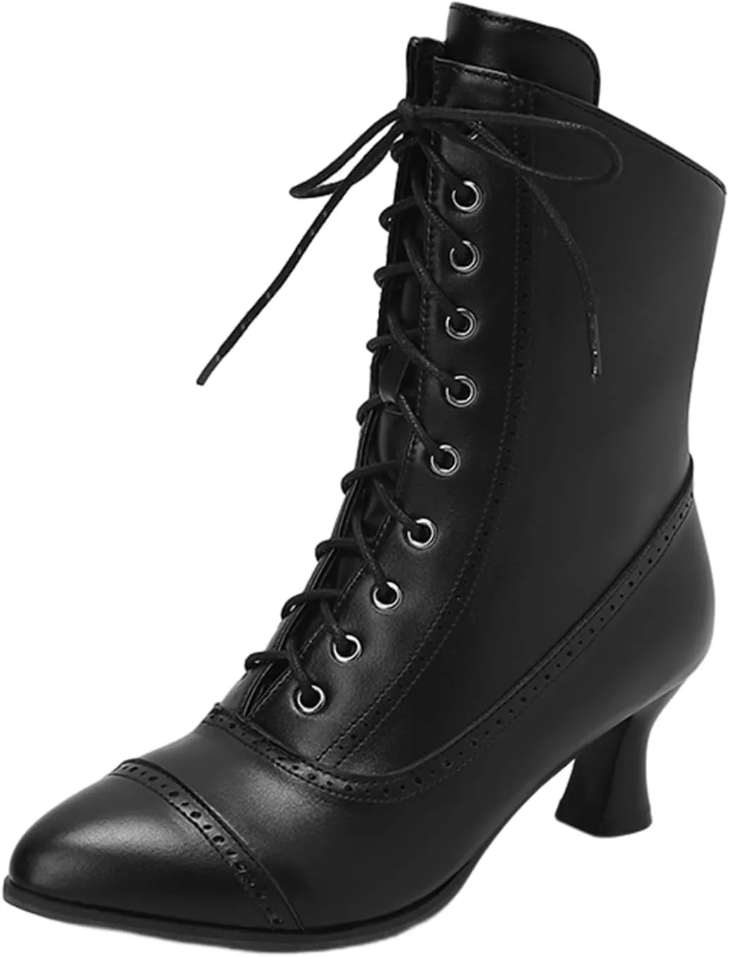 Womens Short Ankle Boots Lace Up for Women Side Zipper Victorian Booties Closed Toe Block Chunky Mid Heel Shoes