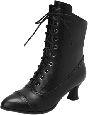 Womens Short Ankle Boots Lace Up for Women Side Zipper Victorian Booties Closed Toe Block Chunky Mid Heel Shoes