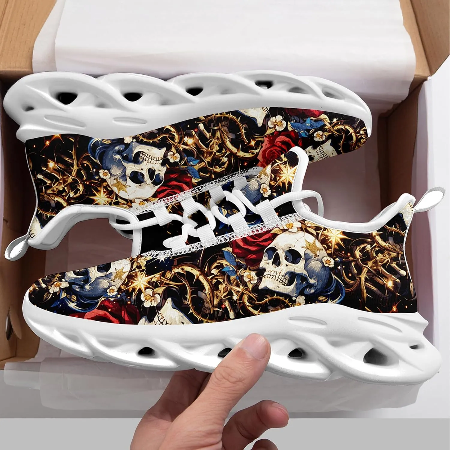 Women's Skull Running Shoes Lightweight Athletic Trail Tennis Shoes Cool Supportive Workout Gym Sneaker for Men