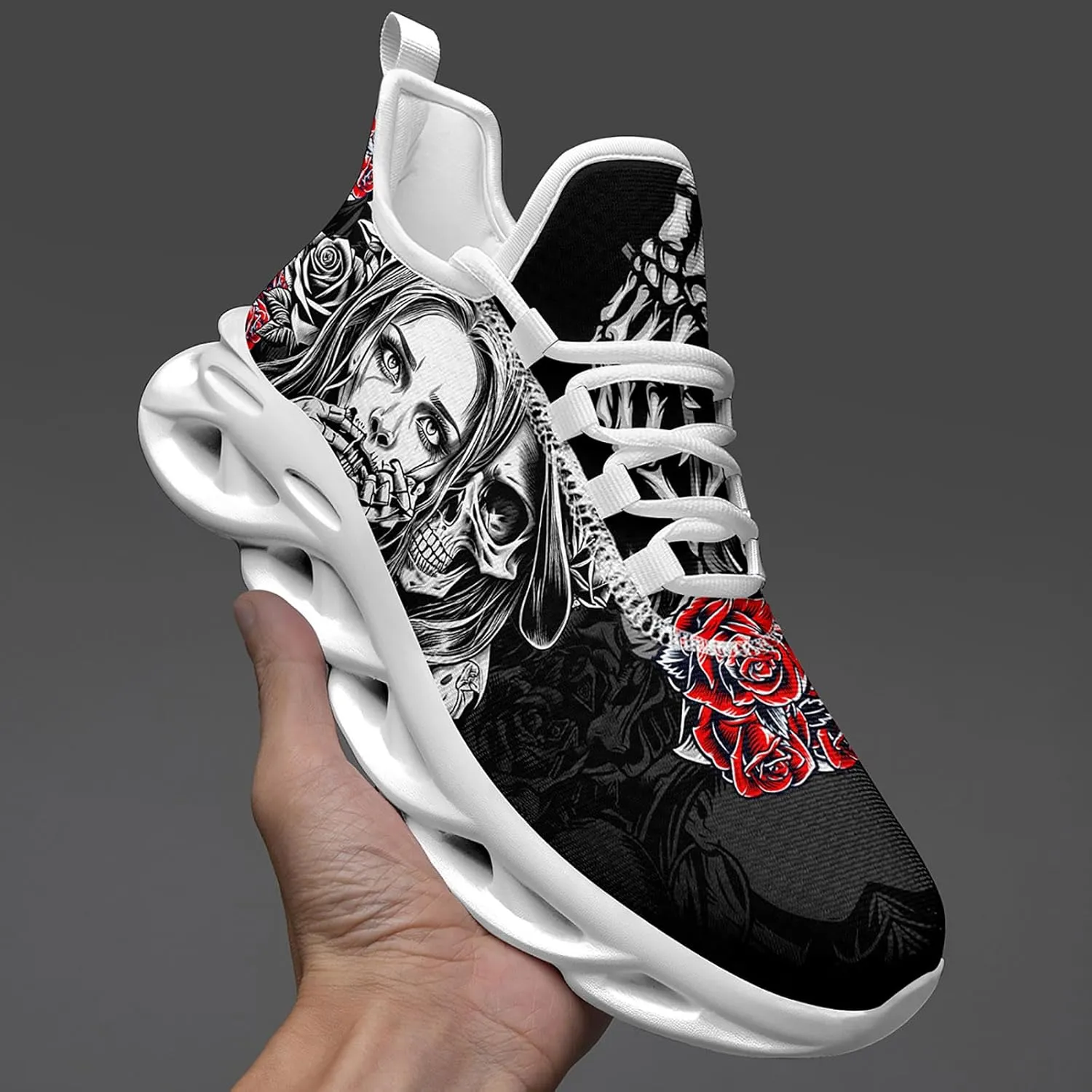 Women's Skull Running Shoes Lightweight Athletic Trail Tennis Shoes Cool Supportive Workout Gym Sneaker for Men