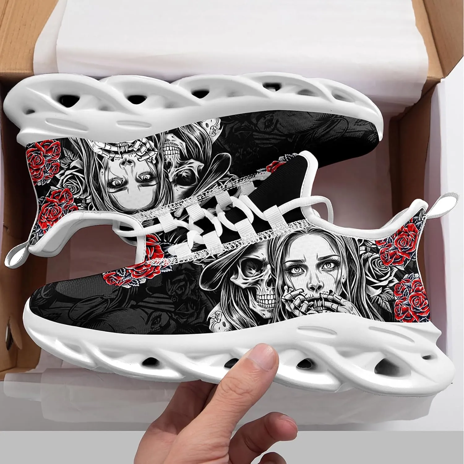 Women's Skull Running Shoes Lightweight Athletic Trail Tennis Shoes Cool Supportive Workout Gym Sneaker for Men