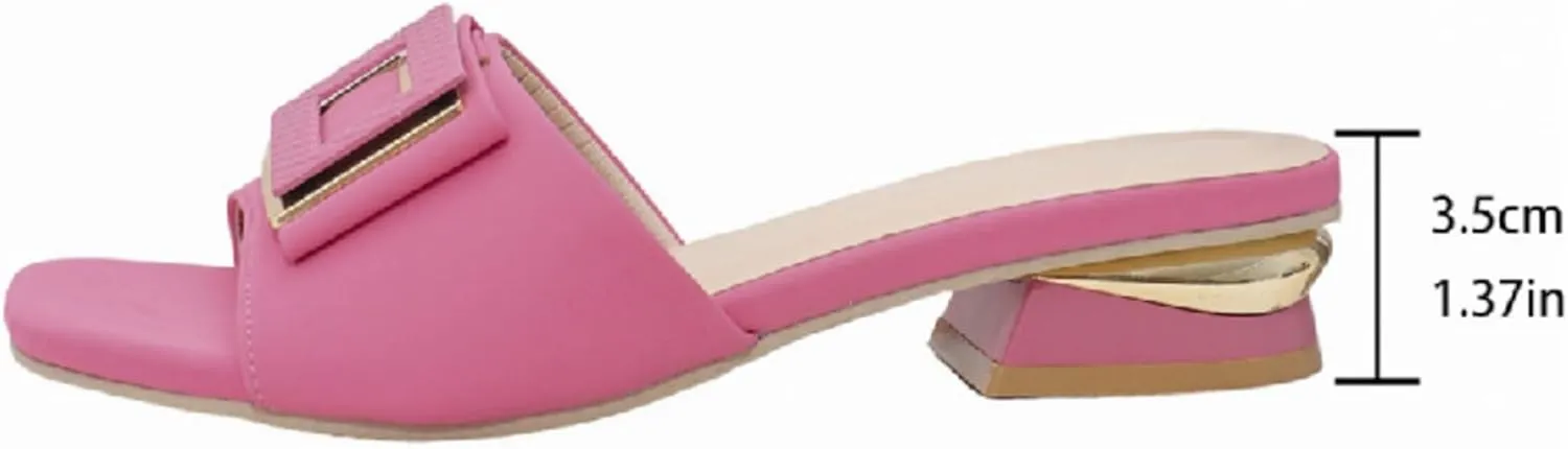 Womens Square Toe Dressy Summer Slide Sandal Flat Low Heel Big Metal Buckle Slip On Party Slippers Casual Summer Shoes