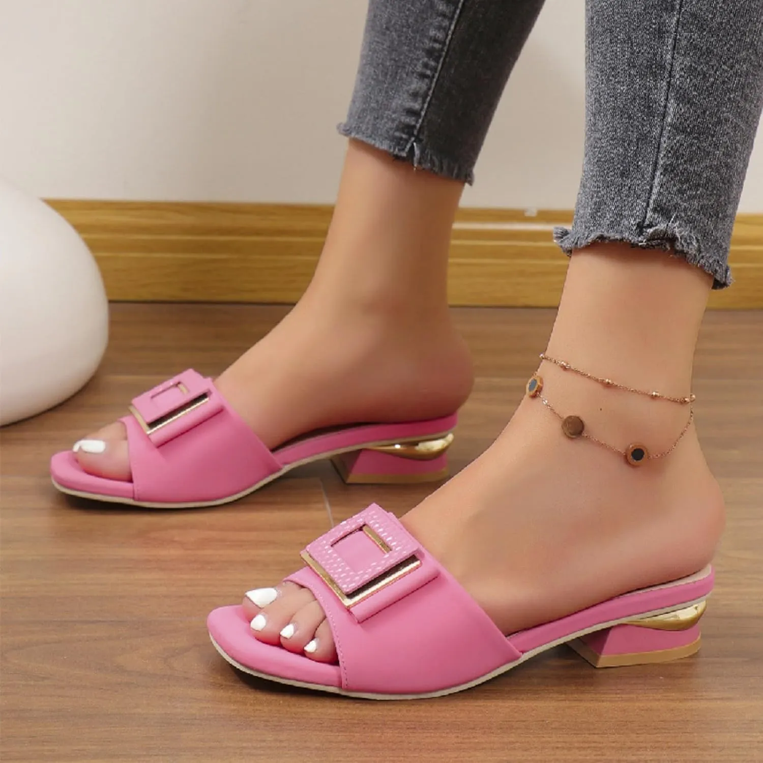 Womens Square Toe Dressy Summer Slide Sandal Flat Low Heel Big Metal Buckle Slip On Party Slippers Casual Summer Shoes