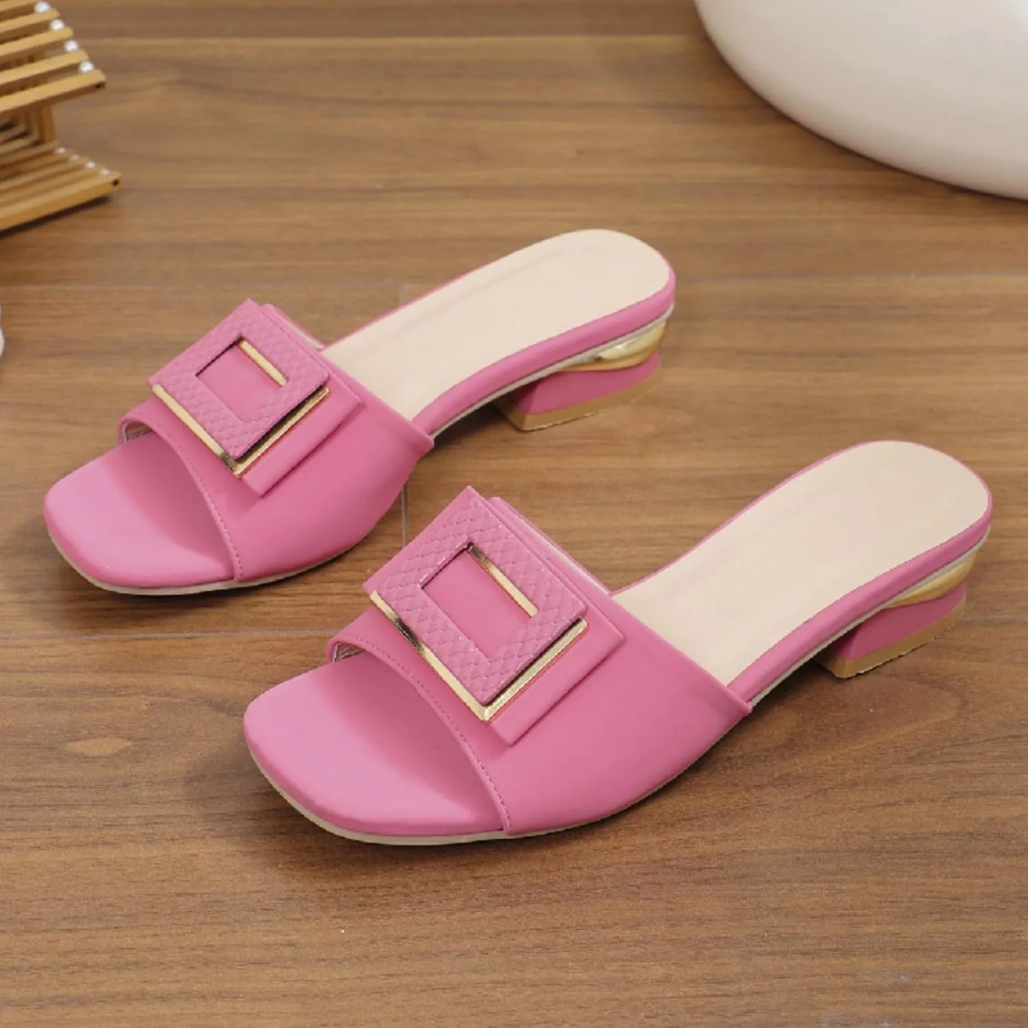 Womens Square Toe Dressy Summer Slide Sandal Flat Low Heel Big Metal Buckle Slip On Party Slippers Casual Summer Shoes
