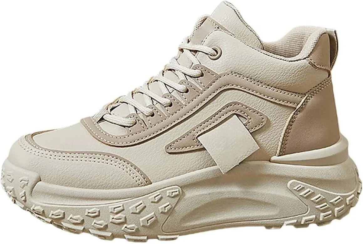 Womens Thick Sole Sneakers High Top Solid Color Lace-up Casual Breathable Soft Walking Running Shoes Comfortable Tennis Shoes Non Slip Women's Sneakers
